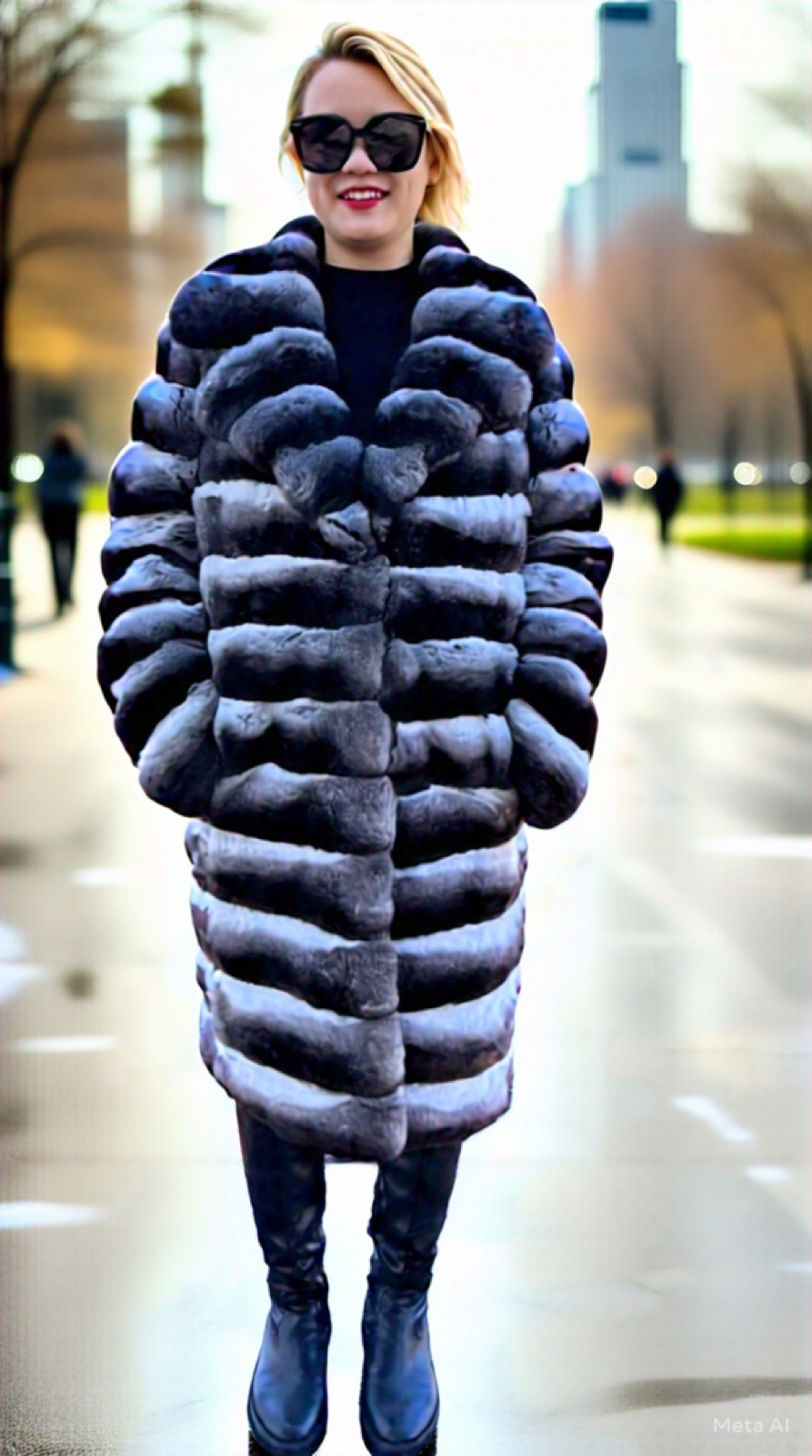 Full length chinchilla fur coat in natural grey, horizontal worked pelts