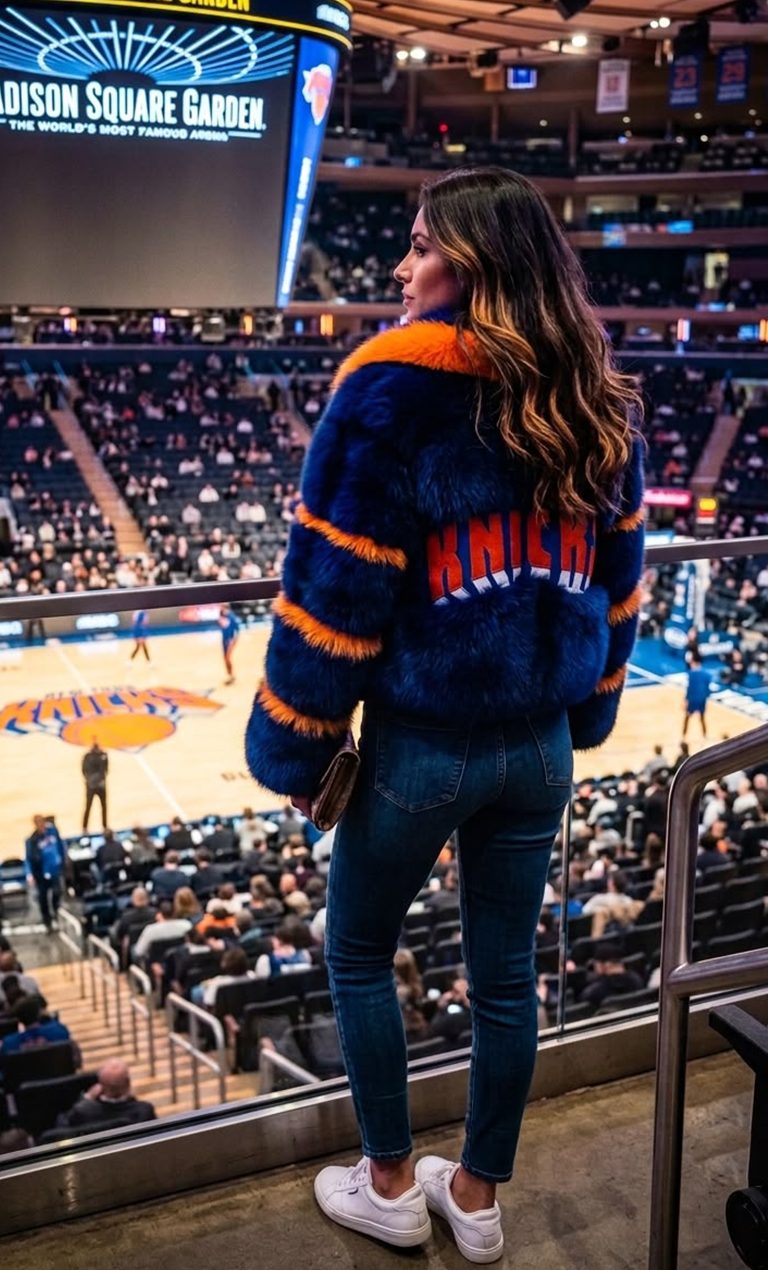 Back of the orange and blue Knicks colors fox fur jacket showing KNICKS lettering inlaid in fur - Marc Kaufman Furs NYC