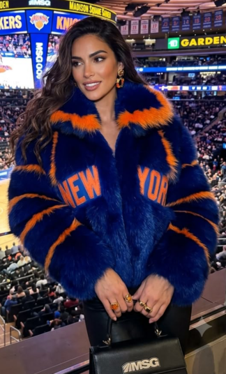 Orange and blue fox fur jacket in New York Knicks colors with NEW YORK lettering, worn at Madison Square Garden - Marc Kaufman Furs NYC