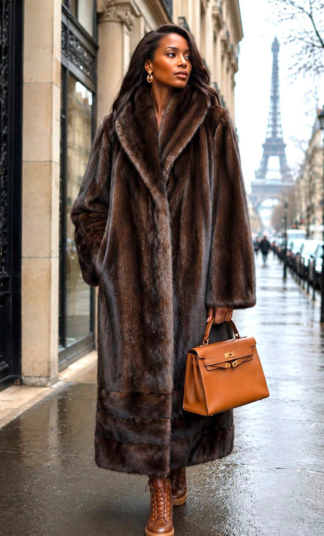 Full length mahogany mink coat with shawl collar and 3 row horizontal border, worn on a Paris street - Marc Kaufman Furs NYC