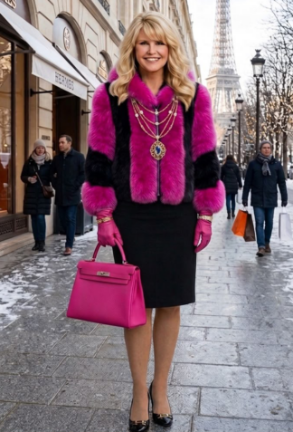 Plus size fuchsia fox jacket with black fox panels on the sides and sleeves, worn open over a black skirt on a snowy Paris street