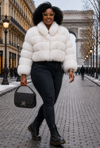 Plus Size White Fox Jacket – Horizontal Rings, Shawl Collar