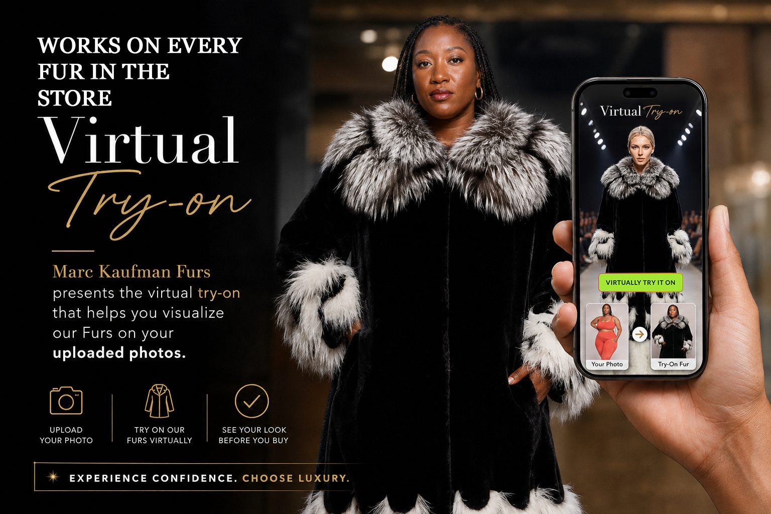 A customer photograph beside the same person shown wearing a Marc Kaufman fur coat, made by the virtual try-on