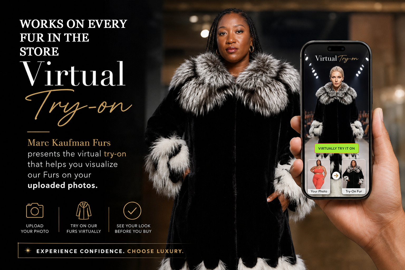 A customer photograph beside the same person shown wearing a Marc Kaufman fur coat, made by the virtual try-on