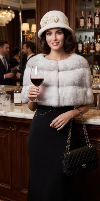 White shadow mink stole with soft grey shading worn over a black gown - bridal and evening mink stole, Marc Kaufman Furs NYC