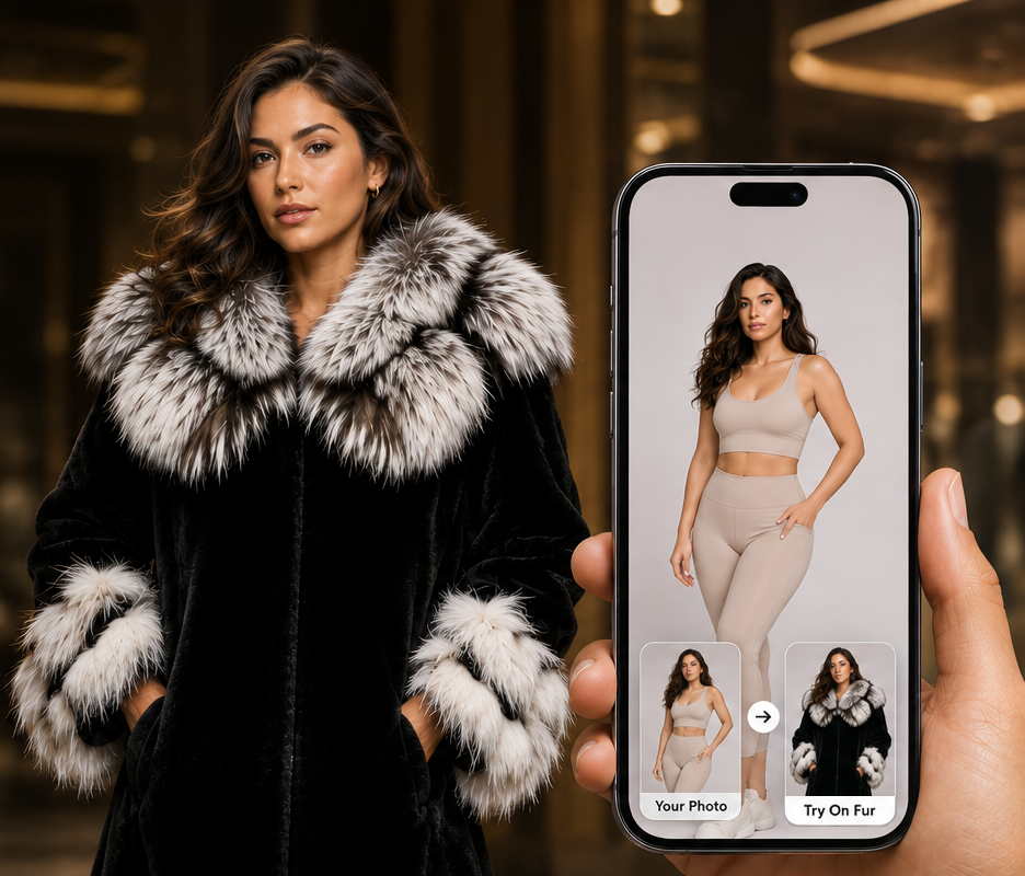 A black mink coat with silver fox trim, beside a phone showing it placed on a customer's own photograph