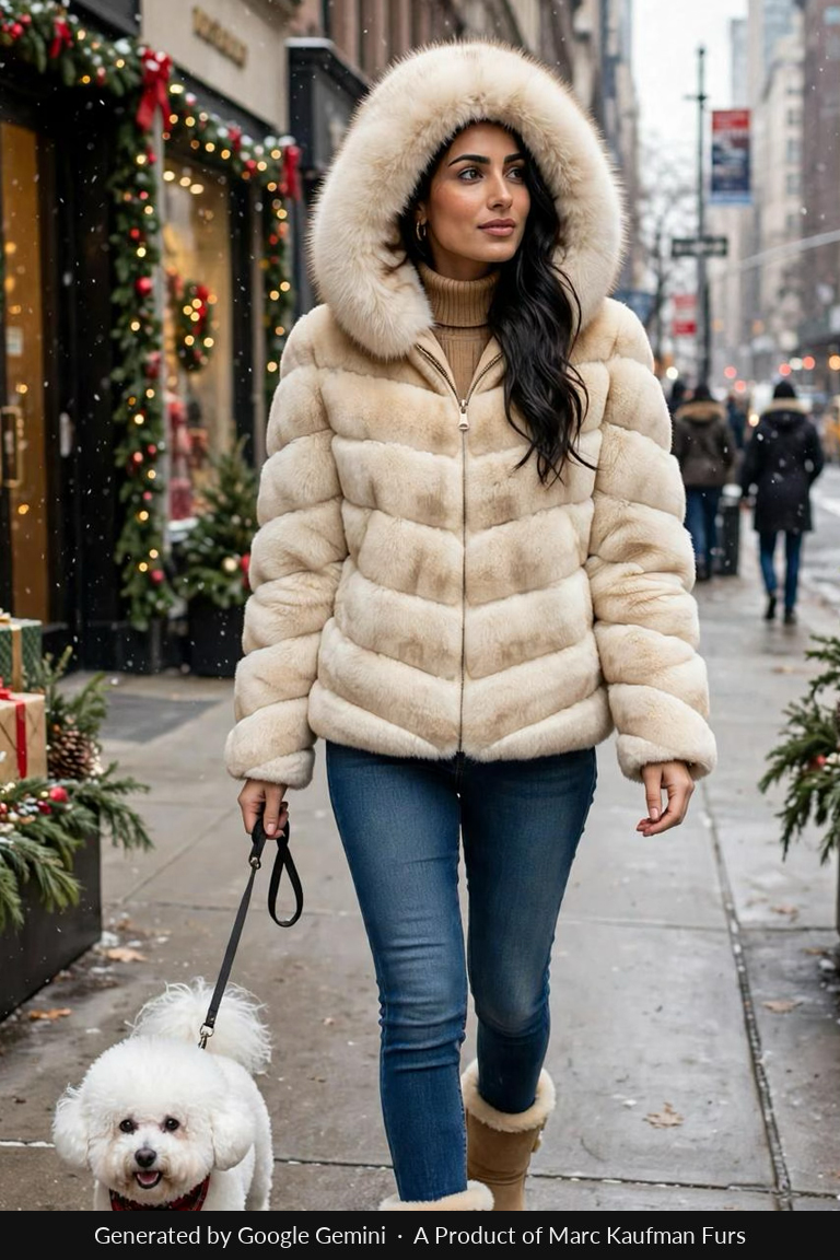 Cream beige sheared rex rabbit bomber jacket with horizontal chevron bands and a deep pale fox ruff on the hood, worn over jeans on a snowy pavement.