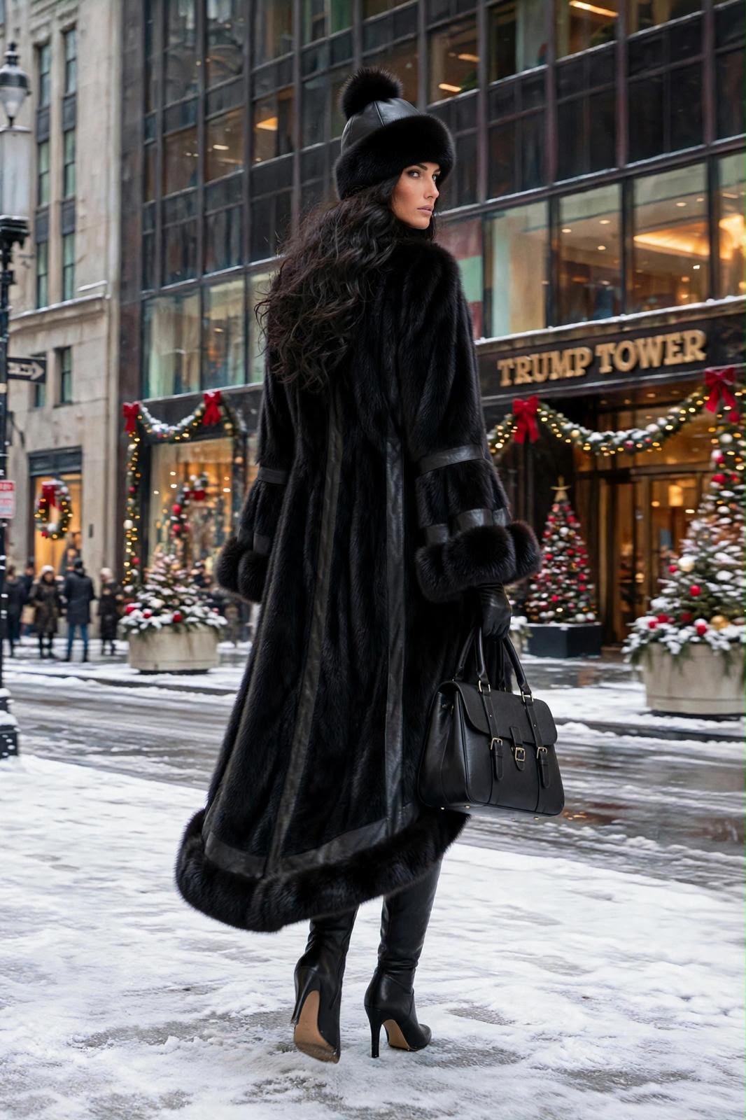 Back view of the black hi-low mink fur coat, showing the full sweep of the hem and the leather panel down the centre back.