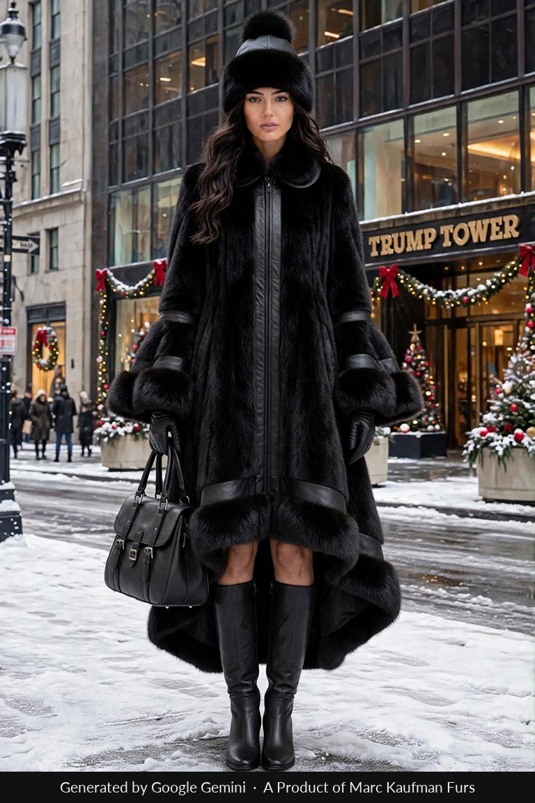 Black hi-low mink fur coat, mid-calf at the front and sweeping to floor length behind, with a zip front, fur collar and deep fur cuffs.