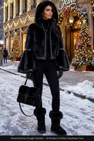 Model in a black hooded mink jacket with a deep fur-lined hood, leather-placket front zipper and wide flared cuffs turned back in leather, on a snowy Fifth Avenue street.