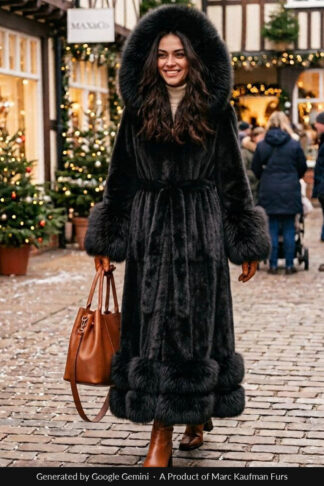 Full-length black mink coat with belted waist, fox hood, and matching fox cuffs and hem trim.