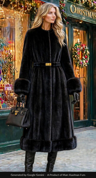 Woman in a full-length black mink coat with a collarless cardigan neckline, a gold-buckled fur belt, deep fur cuffs and a fur band at the hem, outside a Christmas shopfront in New York.