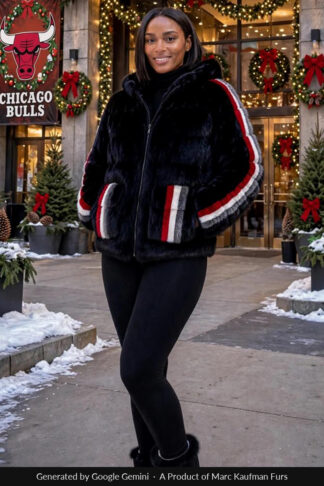 Woman in a hooded black mink jacket with red, white and grey stripes down each sleeve and across the flap pockets, standing outside a Chicago arena in the snow.
