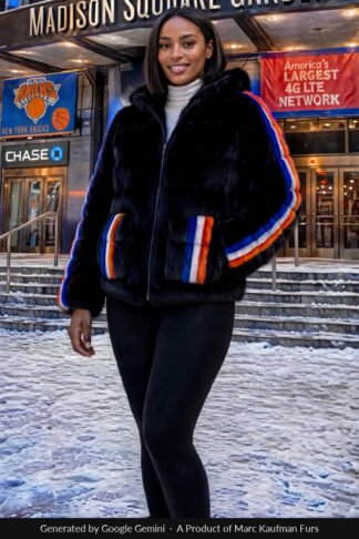 Woman in a hooded black mink jacket with orange, royal blue and white stripes down each sleeve and across the flap pockets, standing in the snow outside a Manhattan arena.