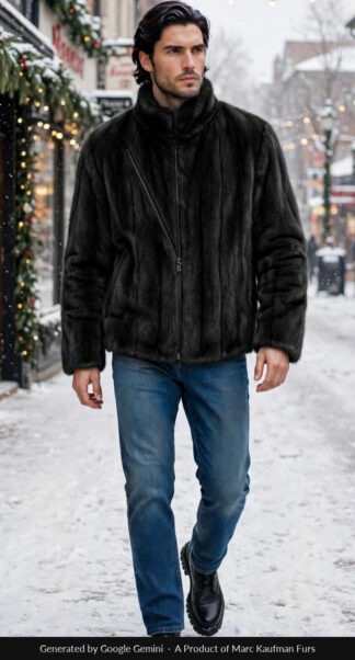 Men's black mink bomber jacket with a stand collar and asymmetrical zip front, worn outdoors.