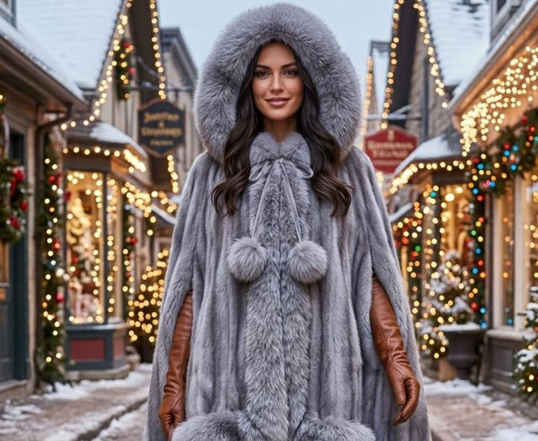 Blue Iris Mink Cape with Fox Hood | Marc Kaufman Furs