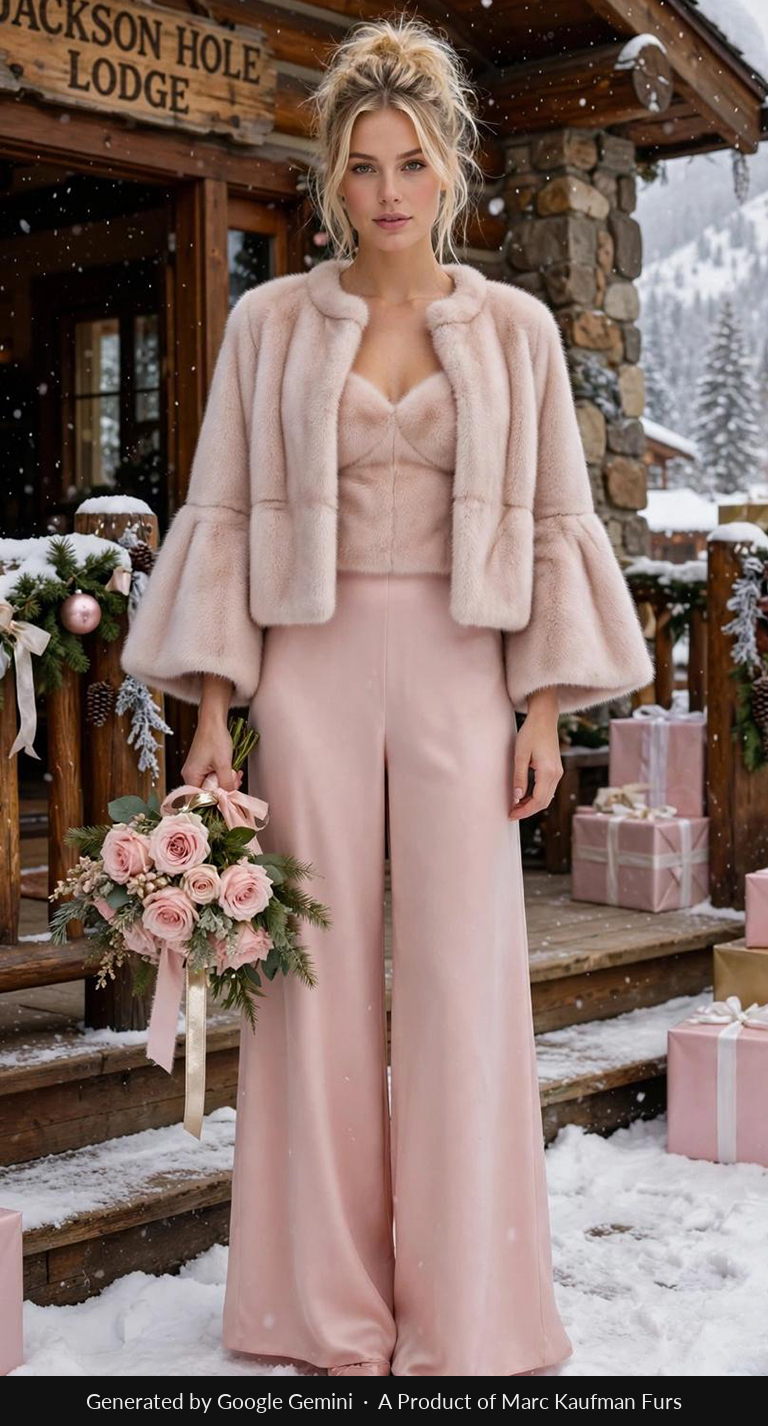 Pale pink mink jacket, cropped and worn open over a matching camisole and blush satin trousers, with full bell sleeves ending at the forearm.