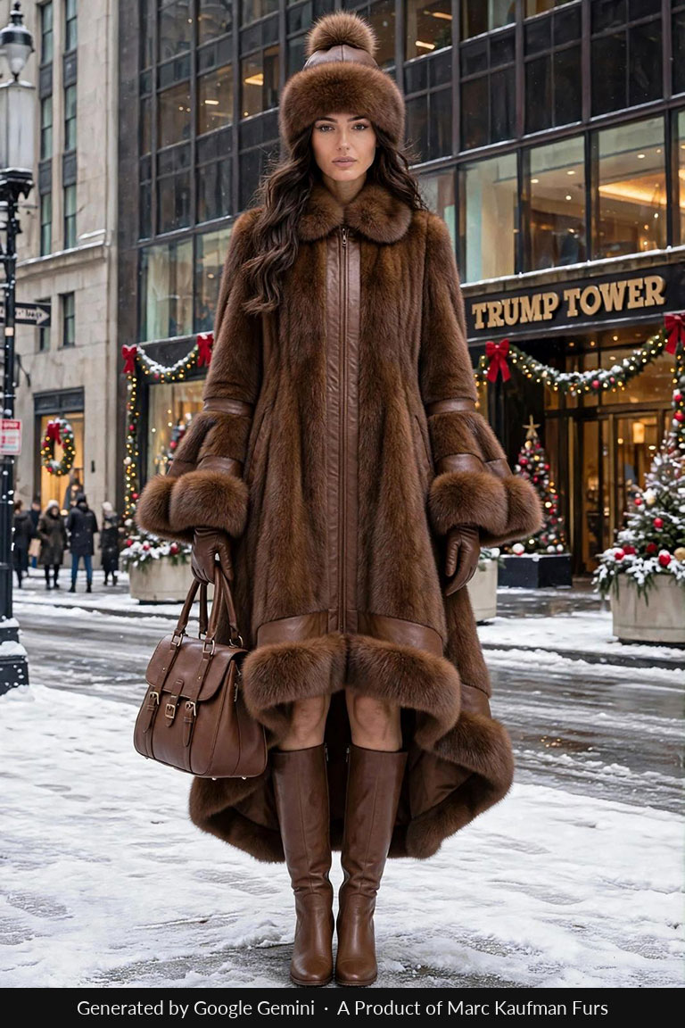 Brown hi-low mink fur coat, mid-calf at the front and sweeping to floor length behind, with a zip front, fur collar and deep fur cuffs.