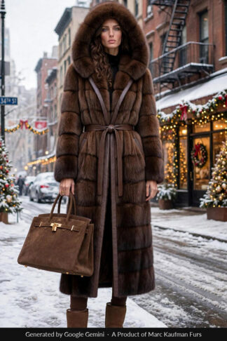 Model in a full length brown degrade mink coat, horizontal bands shading from honey at the shoulder to dark chocolate at the hem, with an oversized fur hood and leather belt.