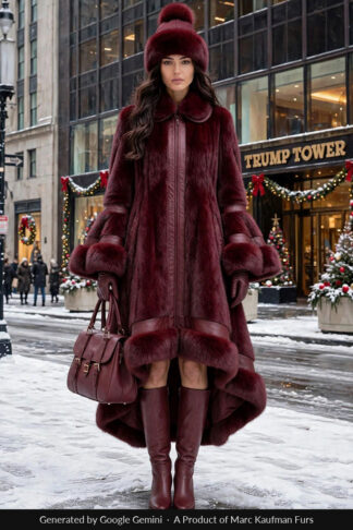 Burgundy hi-low mink fur coat, mid-calf at the front and sweeping to floor length behind, with a zip front, fur collar and deep fur cuffs.