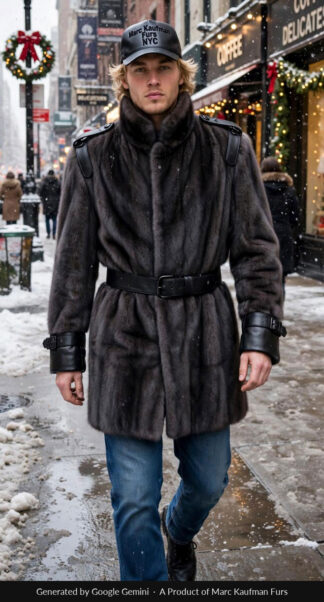 Men's charcoal grey mink jacket with leather epaulettes, a belted waist and buckled leather cuffs, worn on a snowy New York street.