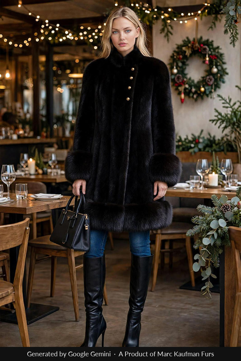 Knee-length black mink stroller with a stand-up collar, gold buttons and a deep fur border across the hem, worn over jeans and boots.