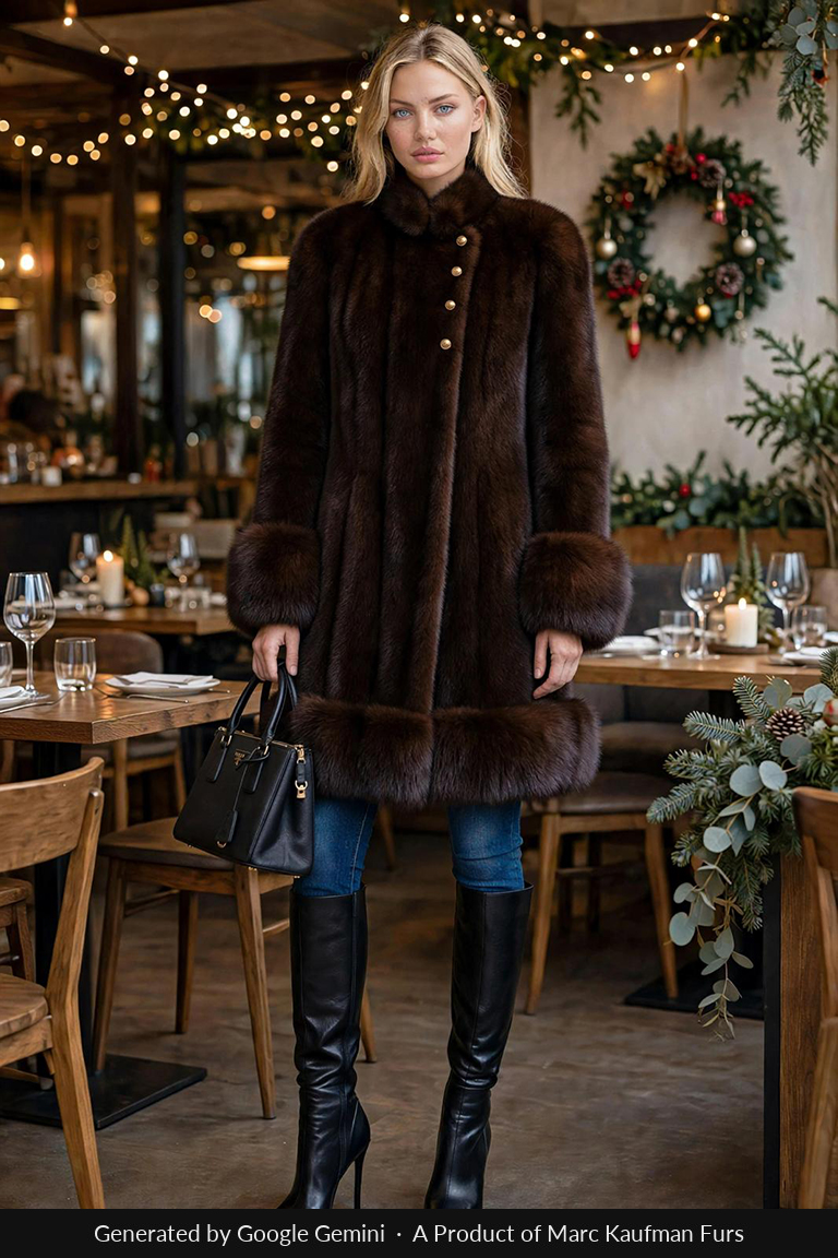 Knee-length brown mink stroller with a stand-up collar, turn-back cuffs and a deep horizontal fur border at the hem.