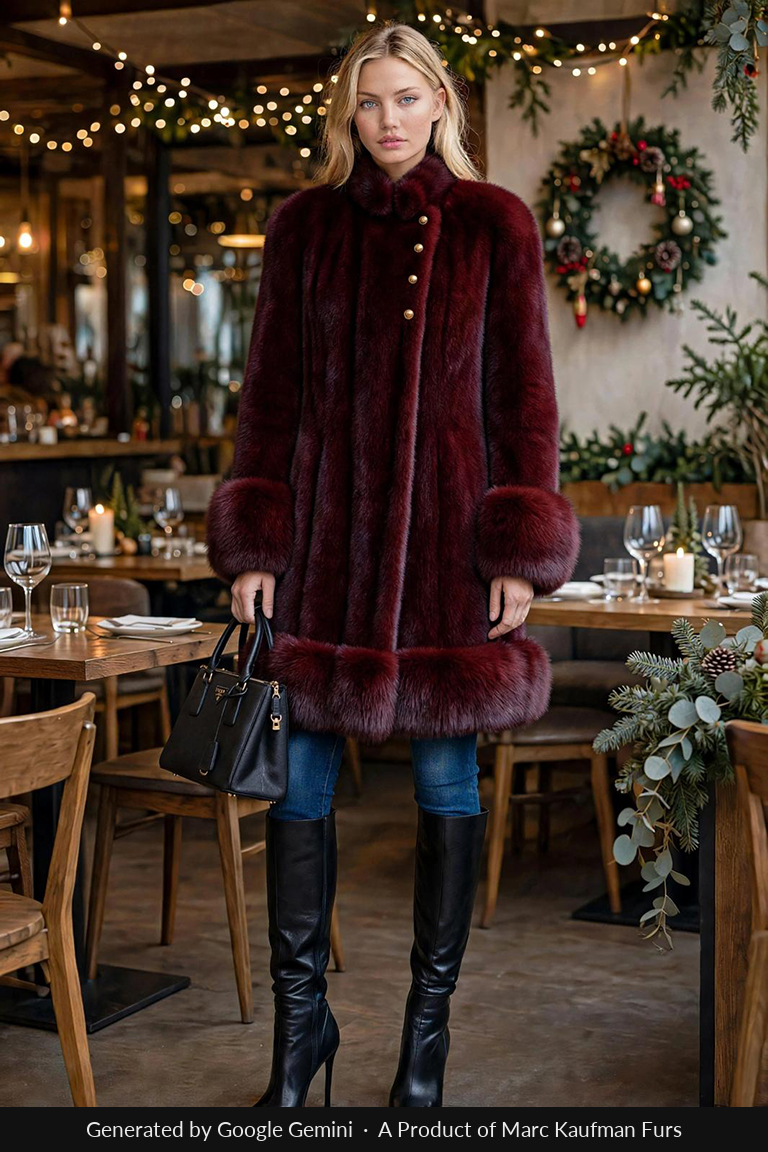 Knee-length deep wine red mink stroller with a stand-up collar, gold buttons and a deep fur border across the hem.