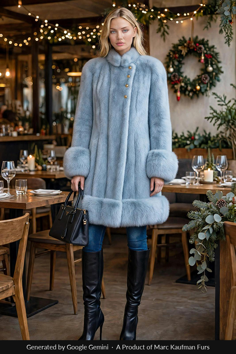 Knee-length pale blue mink stroller with a stand-up collar and a deep fur band across the hem, worn over jeans and knee boots.