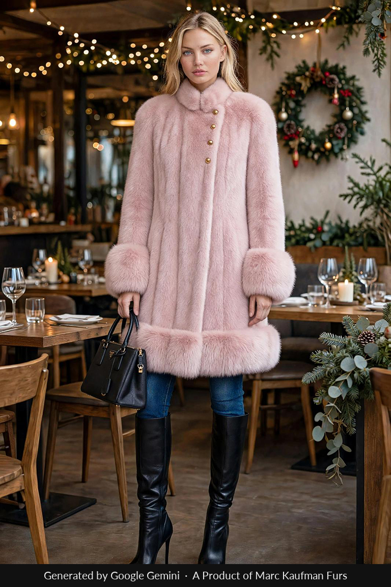 Knee-length soft pink mink stroller with a stand-up collar, gold buttons and a deep fur border at the hem.