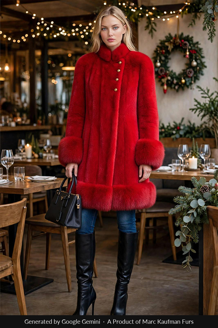 Knee-length bright red mink stroller with a stand-up collar, turn-back cuffs and a deep fur band across the hem.