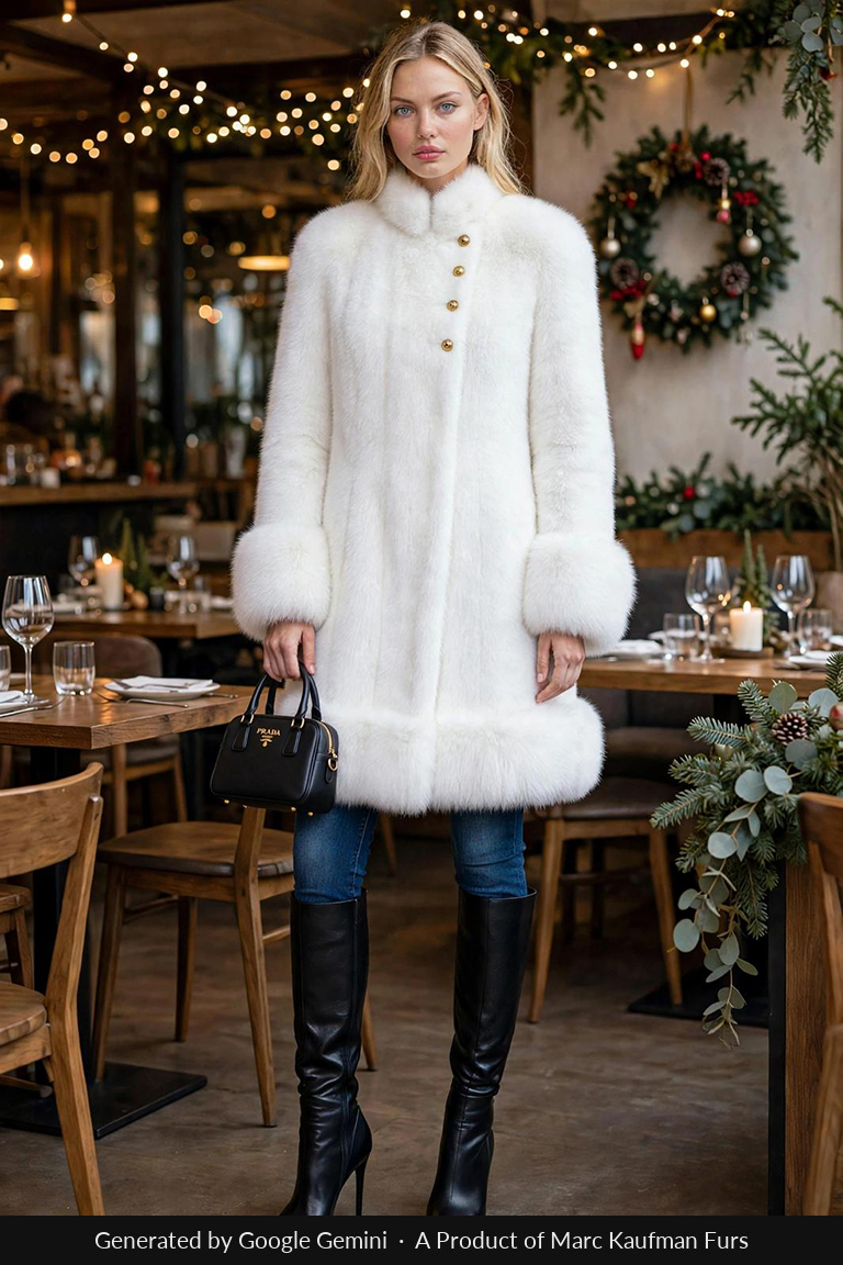 Knee-length warm white mink stroller with a stand-up collar and a deep fur border at the hem, worn over jeans and boots.