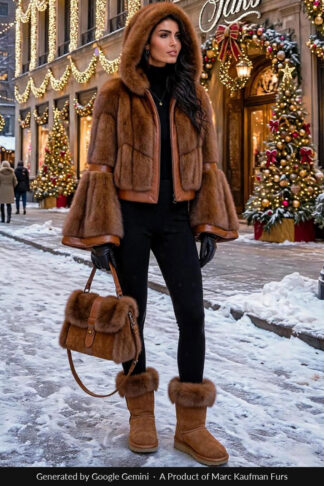 Model in a cognac brown hooded mink jacket with tan leather trim, a deep fur-lined hood and wide flared cuffs, outside a decorated Fifth Avenue store.