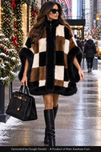 Color block mink cape with black fox trim and a stand collar, worn on a city street.