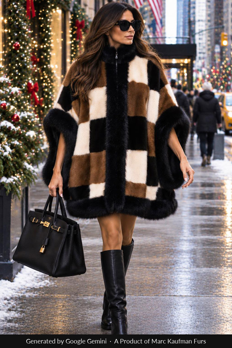 Color block mink cape with black fox trim and a stand collar, worn on a city street.