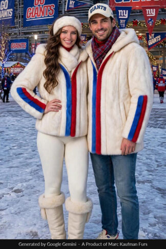 Couple on a snowy stadium plaza, she in a white mink hooded jacket and he in a mid-thigh white mink hooded coat, both banded royal blue and red at the zip and the sleeves.
