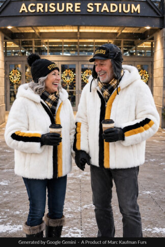 Older couple laughing together outside a Pittsburgh stadium at dusk, in matching white mink hooded jackets with a gold and black band down the zip and round the sleeves, coffee in hand.