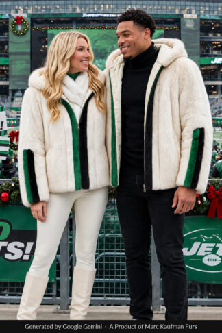 Couple in matching white mink hooded jackets with a green and black band down the zip and round the sleeves, smiling at each other in the stands of a New Jersey stadium.
