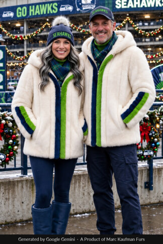 Couple in matching white mink hooded jackets with a lime green and navy band down the zip and round the sleeves, hands in pockets, outside a Seattle stadium in falling snow.
