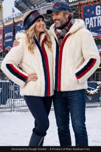 Couple in matching white mink hooded jackets with a navy and red band down the zip and round the sleeves, arm in arm on a snowy plaza outside a New England stadium.