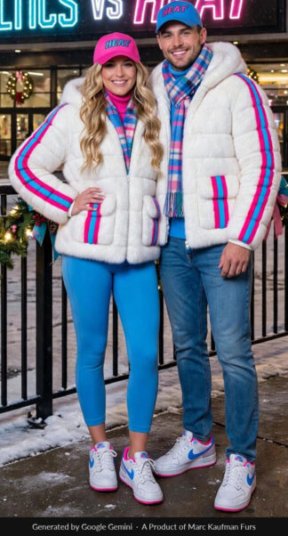 Couple outside an arena at night in matching white mink hooded jackets with a hot pink and sky blue stripe down each sleeve and banded flap pockets, blue leggings and jeans, snow on the rail.