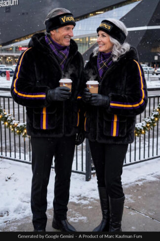 Older couple with coffee outside a Minneapolis stadium in matching black mink hooded jackets with a purple and gold stripe down each sleeve.