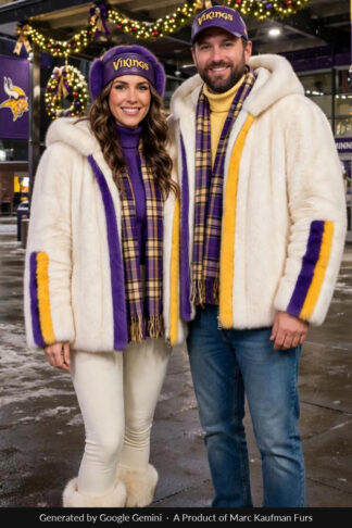 Couple in matching white mink hooded jackets with a purple and gold band down the zip and round the sleeves, side by side outside a Minneapolis stadium at night in light snow.