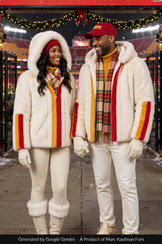 Couple holding hands at a Kansas City stadium gate at night, in matching white mink hooded jackets with a red and gold band down the zip and round the sleeves, her hood up.
