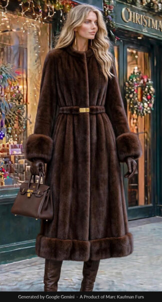 Woman in a full-length dark brown mink coat with a collarless cardigan neckline, a gold-buckled fur belt, deep fur cuffs and a fur band at the hem, on a New York street at Christmas.