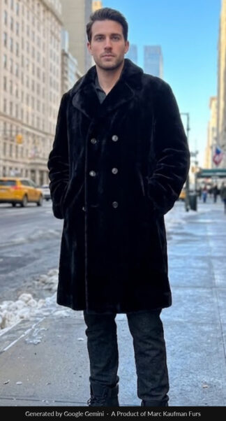 Man in a knee-length black sheared mink stroller, double breasted with six buttons and notched lapels, hands in the pockets, on a snowy New York avenue with a yellow cab behind him.