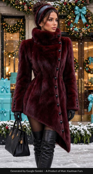 Designer-Burgundy-Mink-Coat-with-Stand-Collar-Asymmetrical-Hem-and-Button-Closure.jpg Woman in a fitted burgundy mink coat with a high stand collar, a diagonal row of covered buttons and an asymmetrical hem, black gloves and thigh boots, outside a Fifth Avenue shopfront at Christmas.