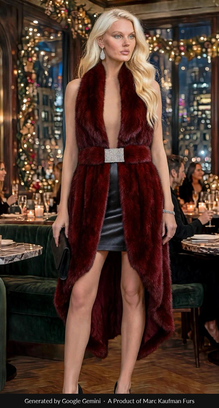 Burgundy mink fur waterfall vest with a deep V collar and a crystal buckle belt, cascading to mid-calf over a black leather skirt in a restaurant at night.
