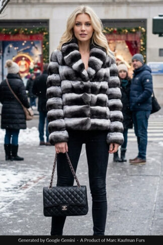 Front view of a natural chinchilla fur jacket with a deep folded stand collar, banded cuffs and a hip-length body, worn open over black jeans on a snowy New York street.