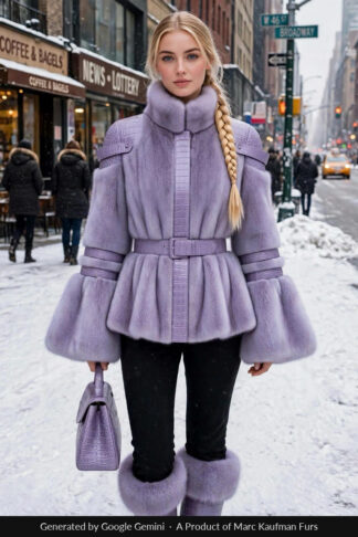 Model in a pale lavender belted mink stroller with a stand collar, crocodile-embossed leather placket, belt and shoulder straps, deep bell cuffs and a flared hem, on a snowy Broadway corner.